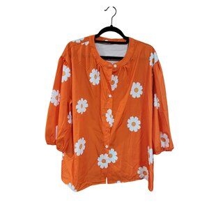 Orange Floral Button-Up Blouse With 3/4 Sleeves XL 100% Polyester Womens Top